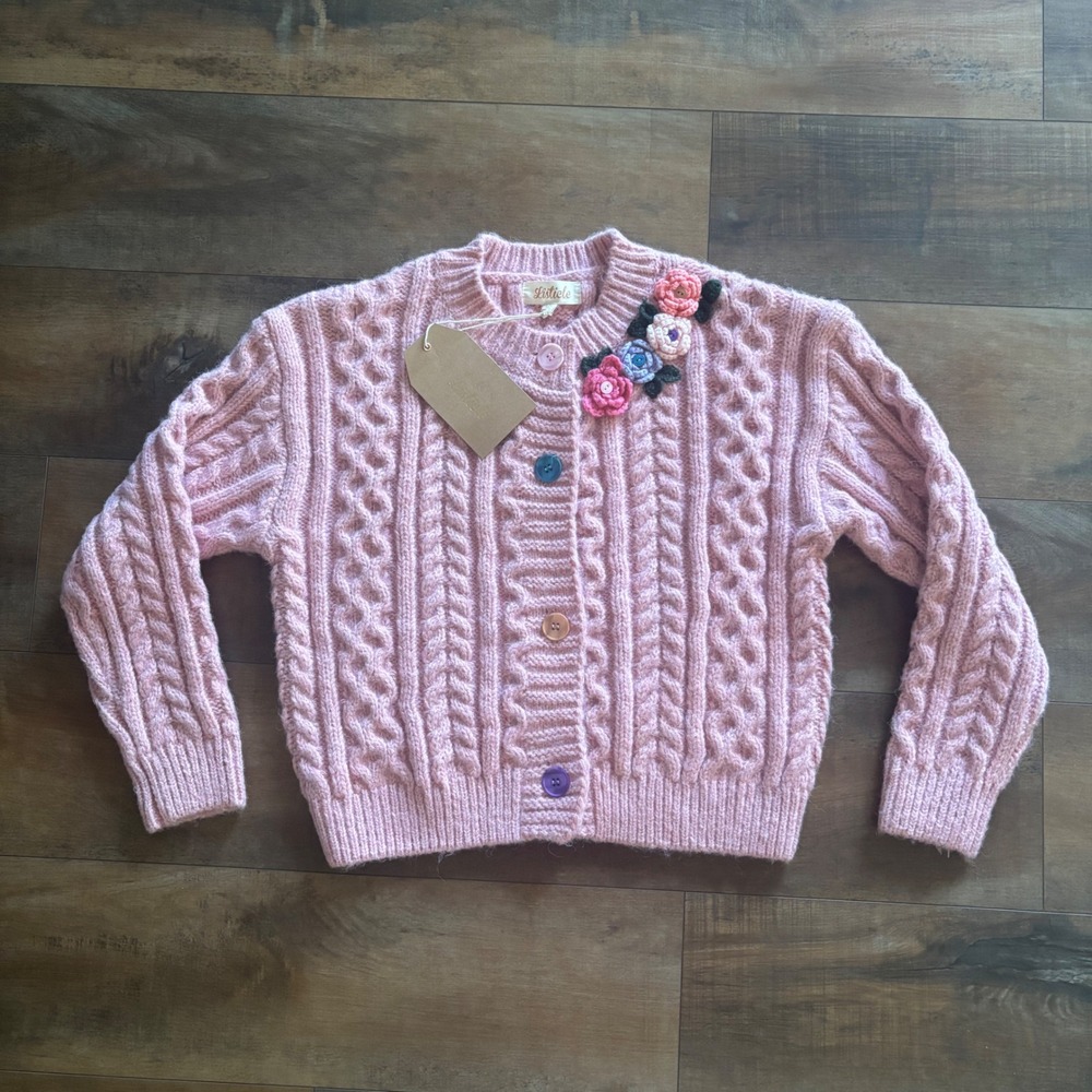 Listicle Sweetheart Floral Crochet Garden Pink Cable Knit Sweater Cardigan Sz
